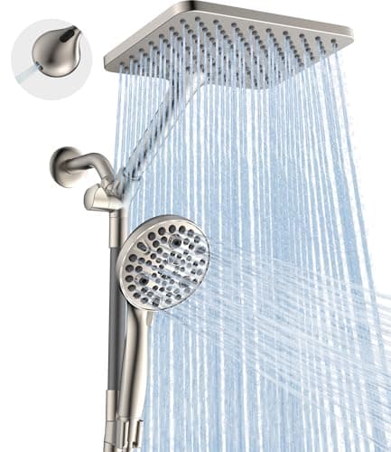Dual Handheld Shower Head Combo, 2-in-1 Rain Shower Heads System Wide Rainfall Shower Head and 10 Modes High Pressure Hand Held Showerhead with Built-in Power Wash - Brushed Nickel - Image 1