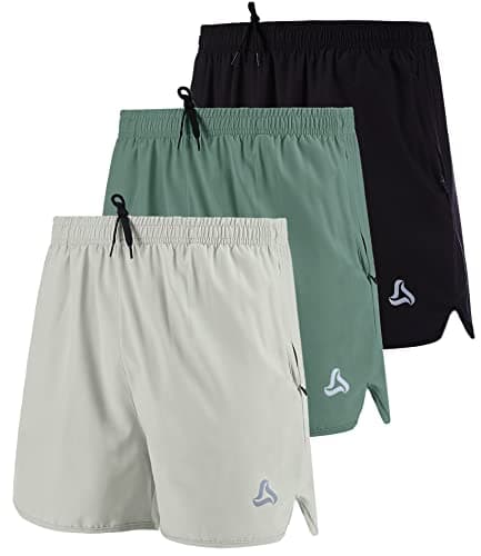 SILKWORLD Men's Workout Stretch Quick Dry Running Shorts with Zipper Pockets(Pack of 3), Black,Light Grey,DarkSeaGreen(Pack of 3), XX-Large - Image 1