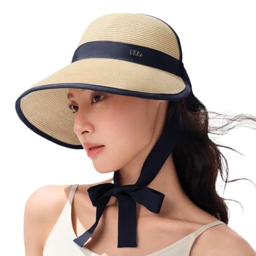BENEUNDER Sun Visors for Women UPF50+ Foldable Wide Brim Straw Hats Packable Summer Ponytail Beach Hats for Travel - Image 1