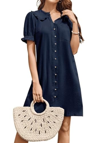 Theenkoln Womens Button Down Mini Dress:Oversized Peter Pan Collar Short Sleeve Flowy Baby Doll Dresses with Belt Navy Blue XL - Image 1