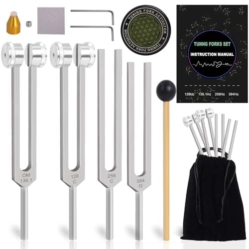 Tuning Forks for Healing Set – 128Hz 136.1Hz 256Hz 384Hz Weighted & Unweighted Sound Healing Tuning Forks for Chakra Balancing, Meditation, Yoga & Relaxation with Activator, Gem Feet & Storage Pouch - Image 1