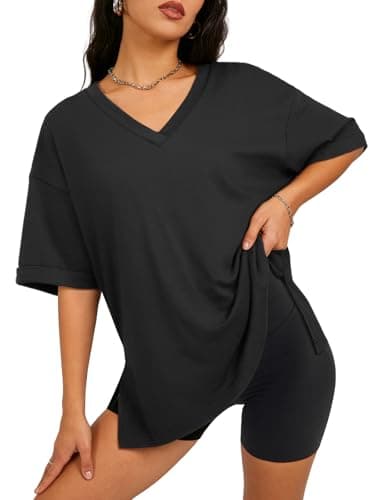 ATHMILE Plus Size Womens Clothing Workout Oversized Tshirts V Neck Short Sleeve Side Slit T Shirts 2026 Spring Summer Basic Trendy Outfits Black - Image 1