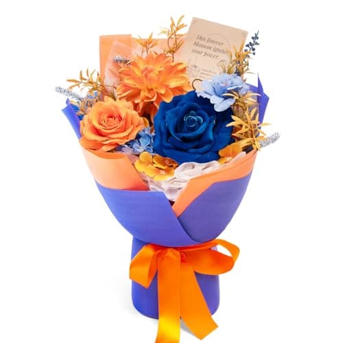 TINGE TIME Preserved Flowers Bouquet, Orange & Navy Blue Roses Gift Bouquet, Eternal Roses Bouquet for Wedding, Table Centerpieces, Mothers Day, Birthday Gifts, Anniversary, Graduation - Image 1