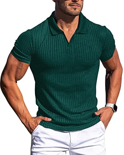 Collared Muscle Shirts for Men Ribbed Knit Slim Fit Polo Shirts Short Sleeve, Mens V Neck T Shirts Casual Stylish Dark Green - Image 1