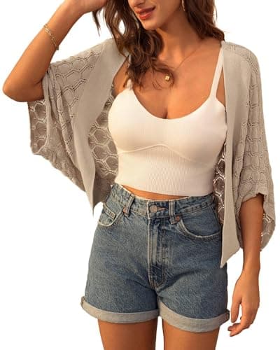 Women Summer Cardigan 2026 Open Front Crochet Oversized Shrug Cardigan Khaki XXL - Image 1