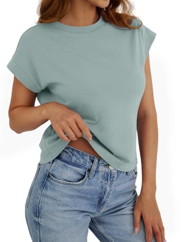 Womens Crop Tops Cap Sleeve T Shirts Cotton Crewneck Loose Fit Trendy Short Sleeve Tops for Women 2026 Mint - Image 1
