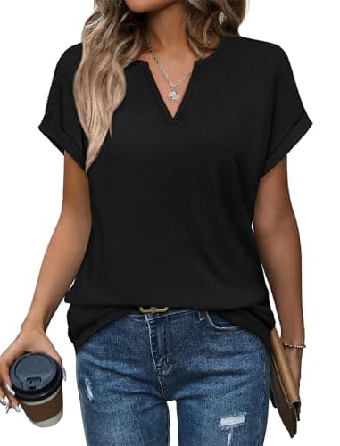 Womens Tops Dressy Casual V Neck Short Sleeve Shirts for Women Women's Clothing Beach Vacation Clothes Business Casual Outfits Black S - Image 1