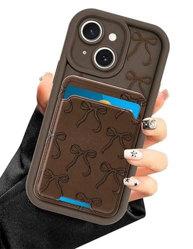 Aitipy Case for iPhone 15 with Card Holder, Cute Brown Bow Aesthetic Pattern Soft Silicone Slim Shockproof Protective Phone Anti Scratch Wallet Cover for Women Girls - Image 1