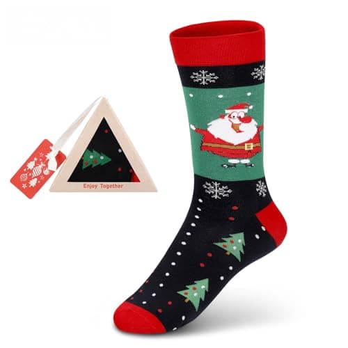 Kagcre Christmas Socks Cute Cotton Holiday Vrew Socks Funky Mid Calf Socks with Exquisite Triangular Gift Box for Famliy Adults (Men,Size 10-14) - Image 1