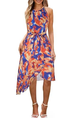 ECOWISH Polka Dot Women Summer Dress Midi A Line Ruffle High Low Sleeveless Boho Floral Halterneck Cocktail Tie Knot Sundress Yellow Floral X-Large - Image 1