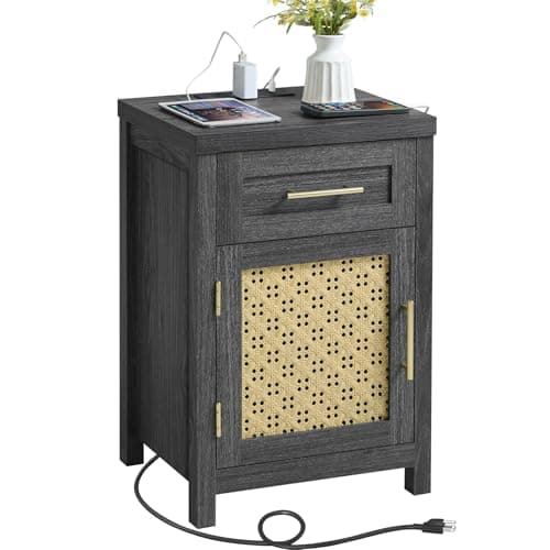 YUFAM Small Rattan Nightstand - Boho Night Stand with Type-C Charging Station for Bedroom, Modern Nightstands w/Drawer for Small Space, Wood Bedside Table w/Adjustable Storage Shelf, Dark Grey - Image 1