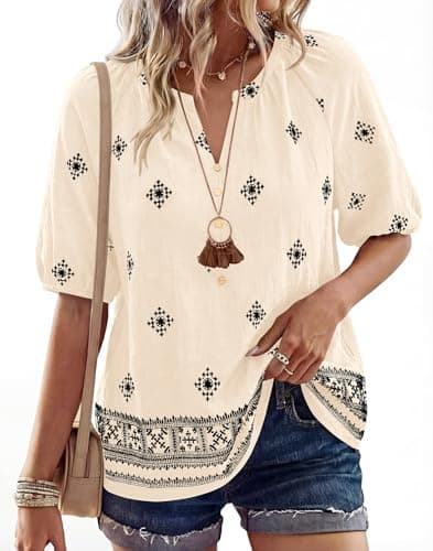 BTFBM Womens Summer Tops Boho V Neck Short Sleeve Dressy Casual Business Blouses Flowy Floral Print Shirt Trendy 2026(Floral Apricot Black, XX-Large) - Image 1