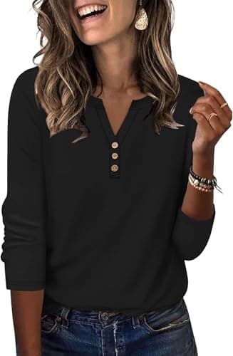 T Shirts for Women V Neck 3/4 Length Sleeve Womens Tops Casual Black Long Sleeve Shirt Tunic Tops for Women Loose Fit Dressy XXL - Image 1