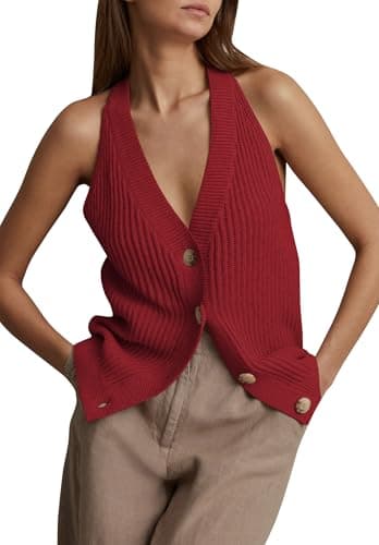 Women Sweater Vest Sleeveless Button Up Knit Vest Tops V Neck Halter Tank Tops Red L - Image 1