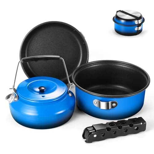 Odoland 5pcs Camping Cookware Non-Stick Camping Pot and Pan Set with Kettle and Removable Handle for Hiking Backpacking and Picnic(Blue) - Image 1