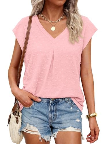 PRETTYGARDEN Women's Summer Blouses Casual Dressy Swiss Dot Cap Sleeve V Neck Tops 2026 Trendy Work Business Spring Shirts (Pink,XL) - Image 1