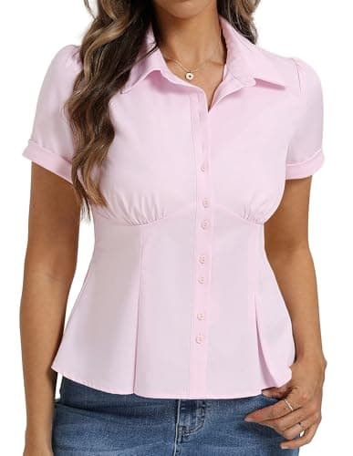 Belle Poque Womens Short Sleeve Button Down Shirts Work Tops Blouses for Women Dressy Casual (Light Pink,M) - Image 1