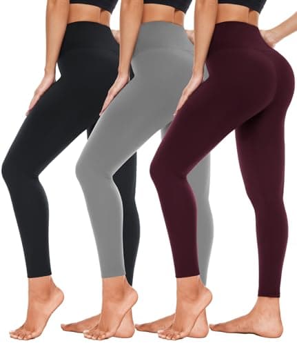 Leggings for Women 3 Pack-High Wasited Tummy Control Yoga Pants Clothing Full Length Long Inch Woman Girls Petite Postpartum Older Female Teens Workout Weights(3 Pcs Black+Light Gray+Burgundy,L-XL) - Image 1