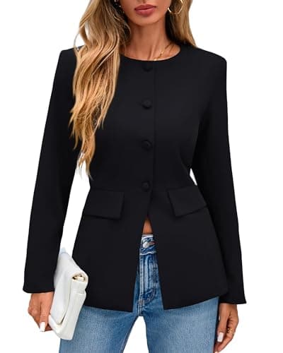 Lazysmile Blazers for Women Long Sleeve Crewneck Button Down Suit Jackets Work Office Business Casual Outfits with Pockets Black - Image 1