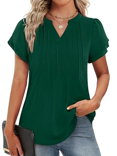Funlingo Womens Dressy Casual Tops 2026 Petal Sleeve Summer Tunic Blouses Trendy V Neck Office Shirts Professional Clothing Green S - Image 1