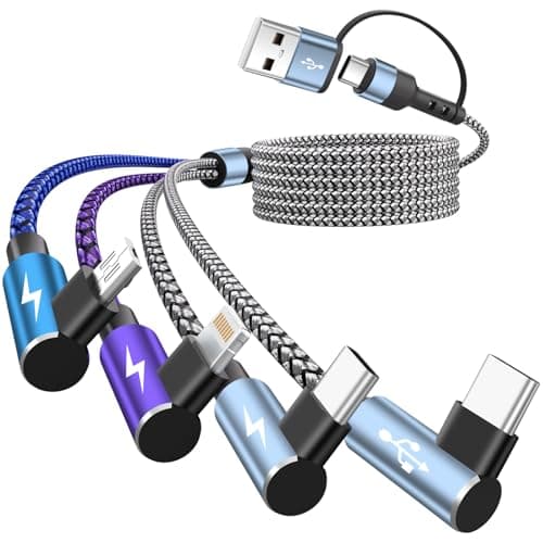 90 Degree Phone Charger, 4 in 2 Multi Charging Cable, USB C CarPlay Cord Charger Cables with Dual Type-C, Micro USB, IP Port, Nylon USBC Cord Right Angle Compatible with Phone17/16/15, Android, 5FT - Image 1