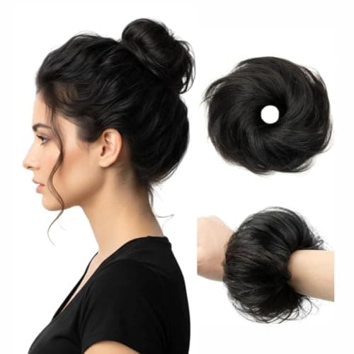 mosorvea Human Hair Bun Extension #01 Jet Black Hair Bun Donut Elegant Chignon with Elastic Rubber Band 100% Real Human Hair Donut Natural Curly Updo - Image 1