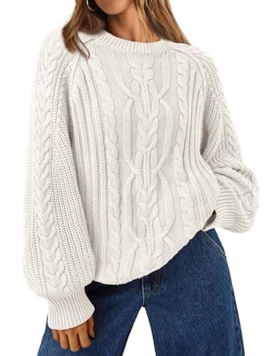 Trendy Queen Women Oversized Sweaters 2026 Fall Fashion Outfits Cable Knit Cozy Crewneck Cotton Pullover Cute Chunky Long Tunic Ladies Top Old Money Clothes Winter Clothing White M - Image 1