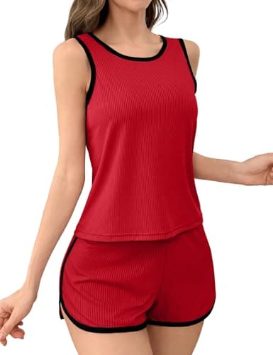 JUSTFASHIONNOW Women's 2-Piece Contrast Trim Pajama Set - Casual Tank Top & Shorts, Soft Ribbed Loungewear(Red X-Large) - Image 1