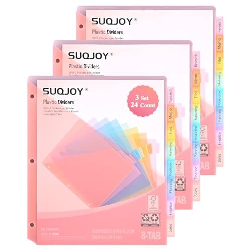 SUQJOY 8-Tab Dividers for 3 Ring Binder, 24 Count Binder Dividers with Pockets, Subject Dividers, 3-Hole Plastics Sheets Protectors for US Letter Size in 0.5", 1",2" Binders, Pastel 8 Color, 3 Packs - Image 1