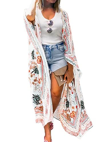 Women's Boho Long Floral Kimono Cardigans Beach Chiffon Summer Cardigan Dusters Plus Size Flowy Open Front Swimsuit Cover Up 3XL - Image 1