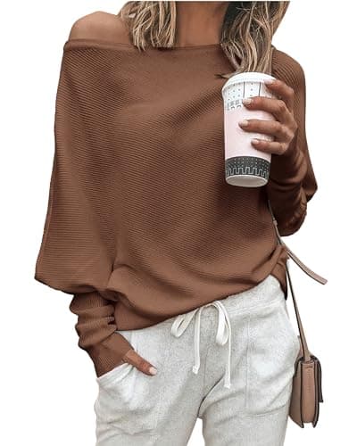 Zenlonr Women's Fall Sweaters 2026 Casual Long Batwing Sleeve Loose Off Shoulder Knit Pullovers Jumper Tops(Brown,X-Large) - Image 1
