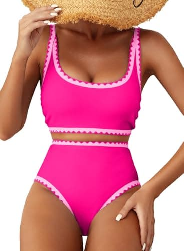 Herseas Womens Bikini Sets Sporty Shell Stitch Swimsuits 2026 Summer High Rise Scoop Stretchy Cute Teen Girls Bathing Suits Modest Hot Pink Beach Vacation Clothes Medium - Image 1