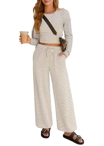 Lazysmile Lounge Sets For Women Casual Striped 2 Piece Outfits Long Sleeve Tops and Wide Leg Pants Loungewear Pajama Set - Image 1