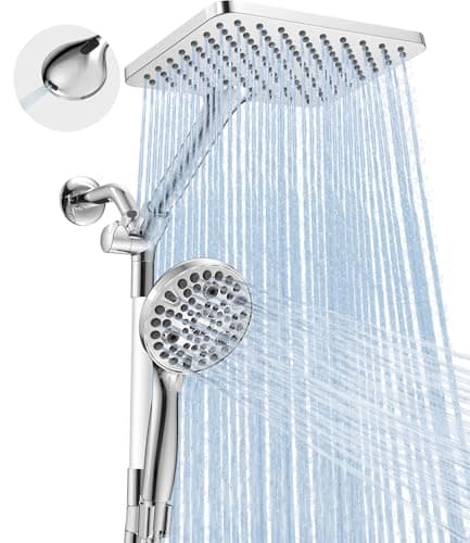 Dual Handheld Shower Head Combo, 2-in-1 Rain Shower Heads System Wide Rainfall Shower Head and 10 Modes High Pressure Hand Held Showerhead with Built-in Power Wash - Chrome - Image 1