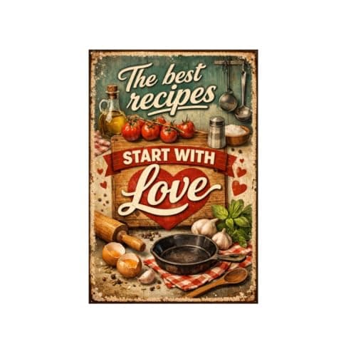 The Best Recipes Start With Love Vintage Tin Sign Rustic Kitchen Wall Decor Metal Plaque Farmhouse Cooking Art Food Illustration Cafe Pantry Dining Room 8x12 Inch Pre Drilled Holes - Image 1