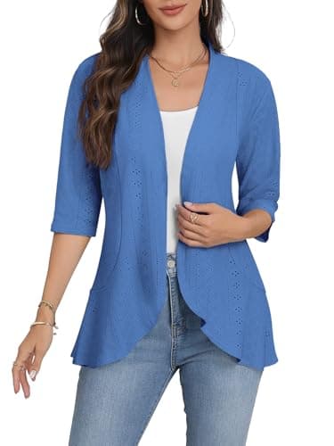 Askyes Womens Casual 3/4 Sleeve Eyelet Cardigan Lightweight Fashion Soft Loose Open Front Work Shrugs Cardigans,Royal Blue,M - Image 1