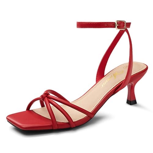 Athlefit Kitten Heels for Women Red Square Open Toe Strappy Low Heels Ankle Strap Summer Sexy Party Dress Sandals Size 8.5 - Image 1