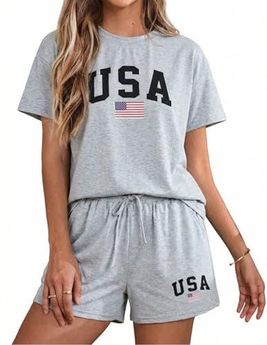 ASTANFY USA 2 Piece Short Sets 4th Of July Outfits For Women Patriotic Shirts American Flag 2 Piece Outfits Summer - Image 1