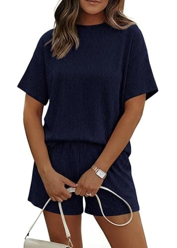 KIRUNDO 2 Piece Sets for Women Summer Shorts Lounge Set Matching Ribbed Knit Short Sleeve Top Airport Travel Vacation Outfits(Navy, Small) - Image 1