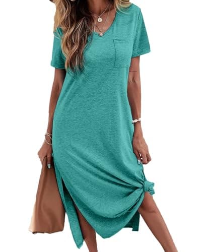 Dyexces Women Summer T Shirt Dress Short Sleeve Casual V Neck Loose Side Slit Long Tshirt Maxi Dresses with Pockets Green - Image 1