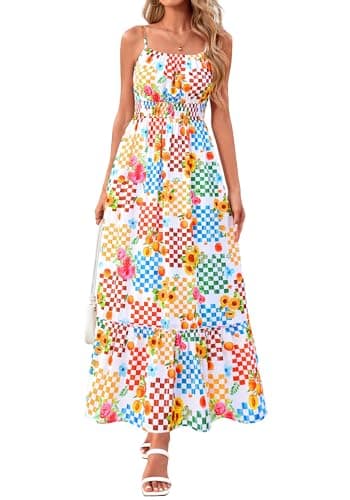 BTFBM Summer Dresses for Women 2026 Sleeveless Spaghetti Strap High Waist Boho Beach Vacation Clothes Spring Maxi Dress(Floral Plaid Multicolored, X-Large) - Image 1