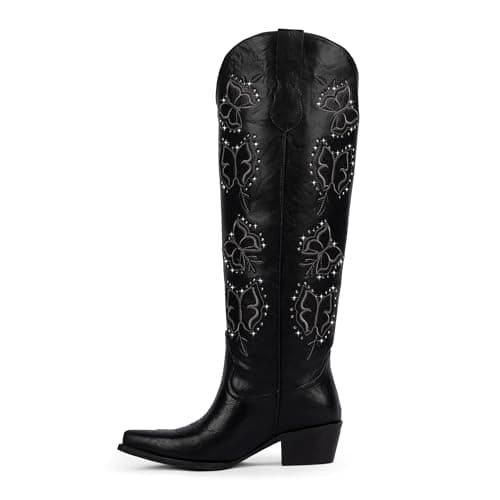 Easyfox Cowboy Boots for Women Black Rhinestone Butterfly Cowgirl Boots Chunky Heel Embroidered Knee High Western Boot Pointed Toe Slip on Block Heel Cow Girl Boot Size 6 - Image 1
