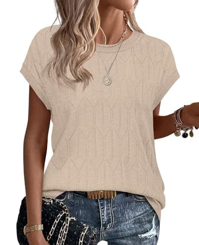 Sampeel Womens Summer Shirts Short Sleeve Sweaters Dressy Casual Holiday Outfits Cute Soft Tops Travel Blouses Beige XL - Image 1