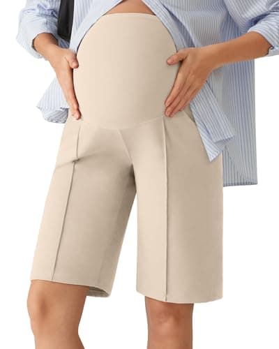 G4Free Pregancy Shorts Business Casual High Waisted Wide Leg with Side Pockets Over Bump Maternity Shorts for Summer(Light Khaki,L,10'') - Image 1