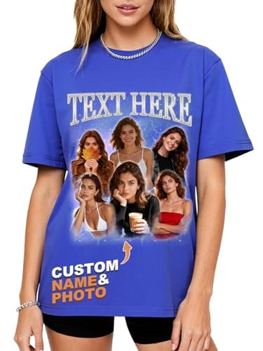 Custom4U Personalized Photo/Text T-Shirts for Women Men Custom Bootleg Rap Tee Shirt with Face Vintage Graphic Shirt Gift Idea Birthday Anniversary Wedding Christmas, Royal Blue - Image 1