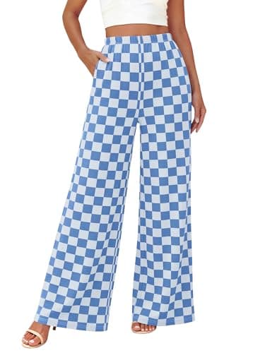 BTFBM Womens Checkered Palazzo Pants Wide Leg High Waisted Pockets Gingham Casual Lounge Pajama Trousers Summer Outfits(Plaid Blue,XX-Large) - Image 1