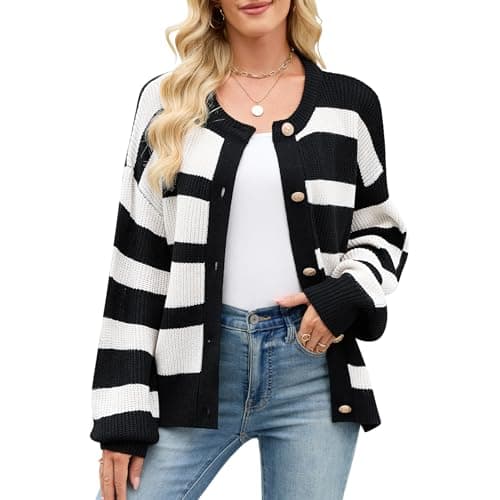 ZLIGXEA Women's Striped Cardigan Sweaters 2025 Fall Winter Casual Crew Neck Open Front Long Sleeve Knit Cardigans Sweater Coats Black L - Image 1