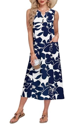 MOLERANI Sleeveless Cute Midi Dress Button Down Floral with Pockets Summer Beach Sundress Casual for Women Vacation, WT NV Flower B, M - Image 1