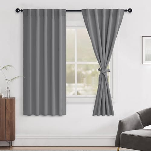 Hiasan Grey Curtains 63 inch Long Sewn with Tiebacks, Rod Pocket & Back Tab Gray Blackout Thermal Insulated Drapes, Room Darkening Curtains 2 Panels for Living Room Bedroom, 42 inch Wide