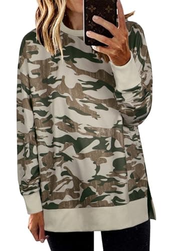 ECOWISH Women Side Split Sweatshirt: Fall Crewneck Long Sleeve Oversized Camo Shirts Casual Camouflage Print Pullover Tops 017 Army Green M - Image 1